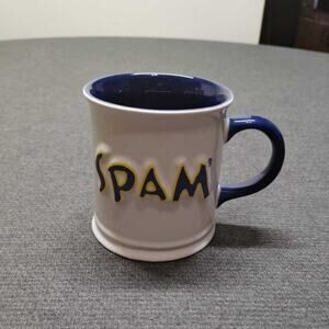 SPAM Embossed Logo Coffee Mug White Blue Vintage Retro Collectible Kitchenware